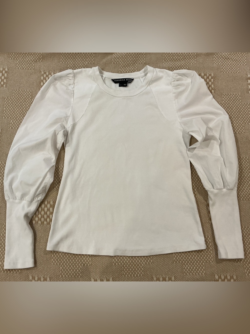 Veronica Beard White Long Sleeve Puff-Sleeve Cotton Top Medium